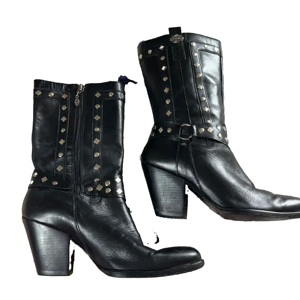 Harley Davidson Wmns 8.5 Western Studded Cowboy Boots Black Logo Zipper Leather